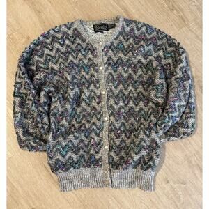 Vintage Rochelle Sweater Cardigan Size M 80s Grandmacore Geometric Button
